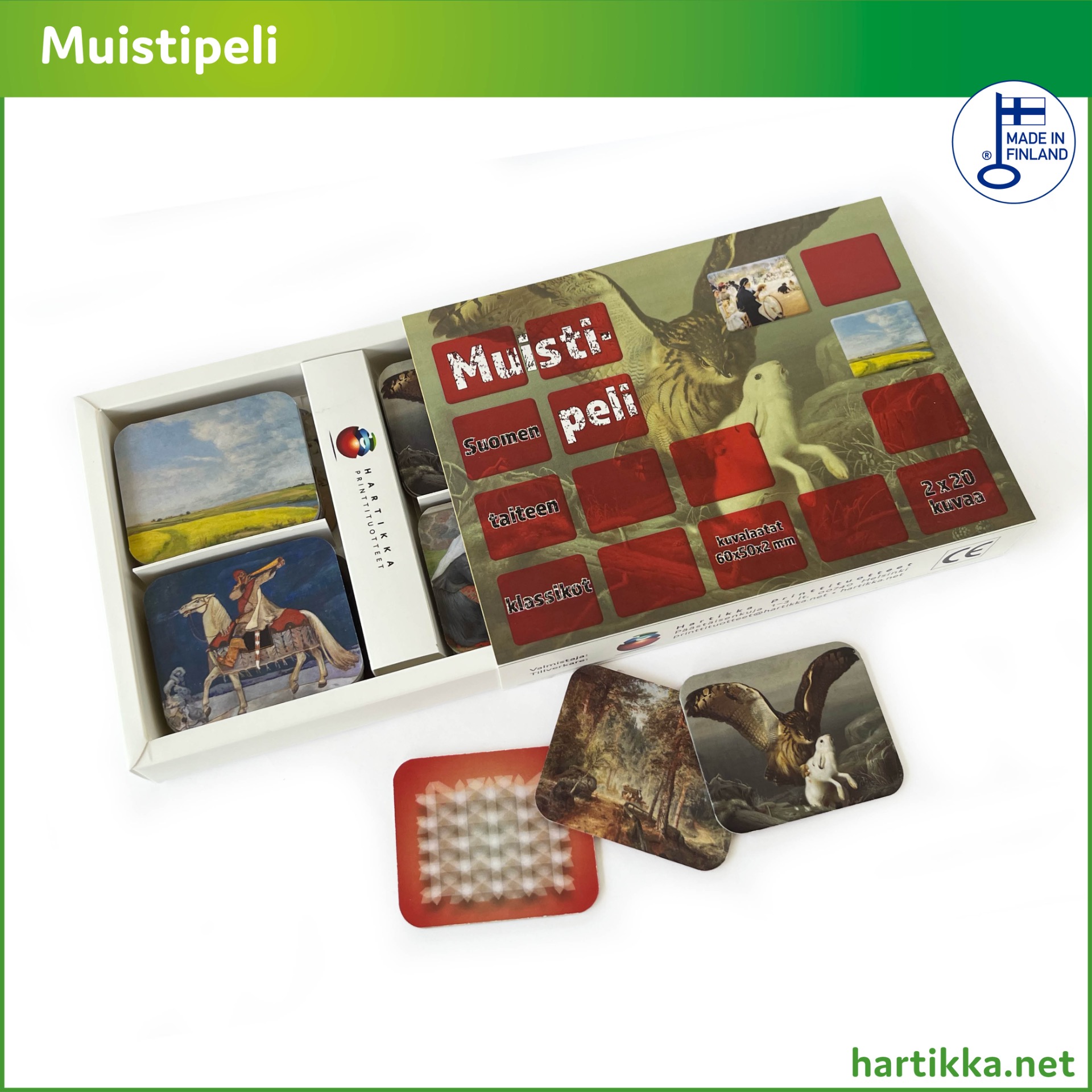Muistipeli kartonkirakenteisessa vetolaatikossa.