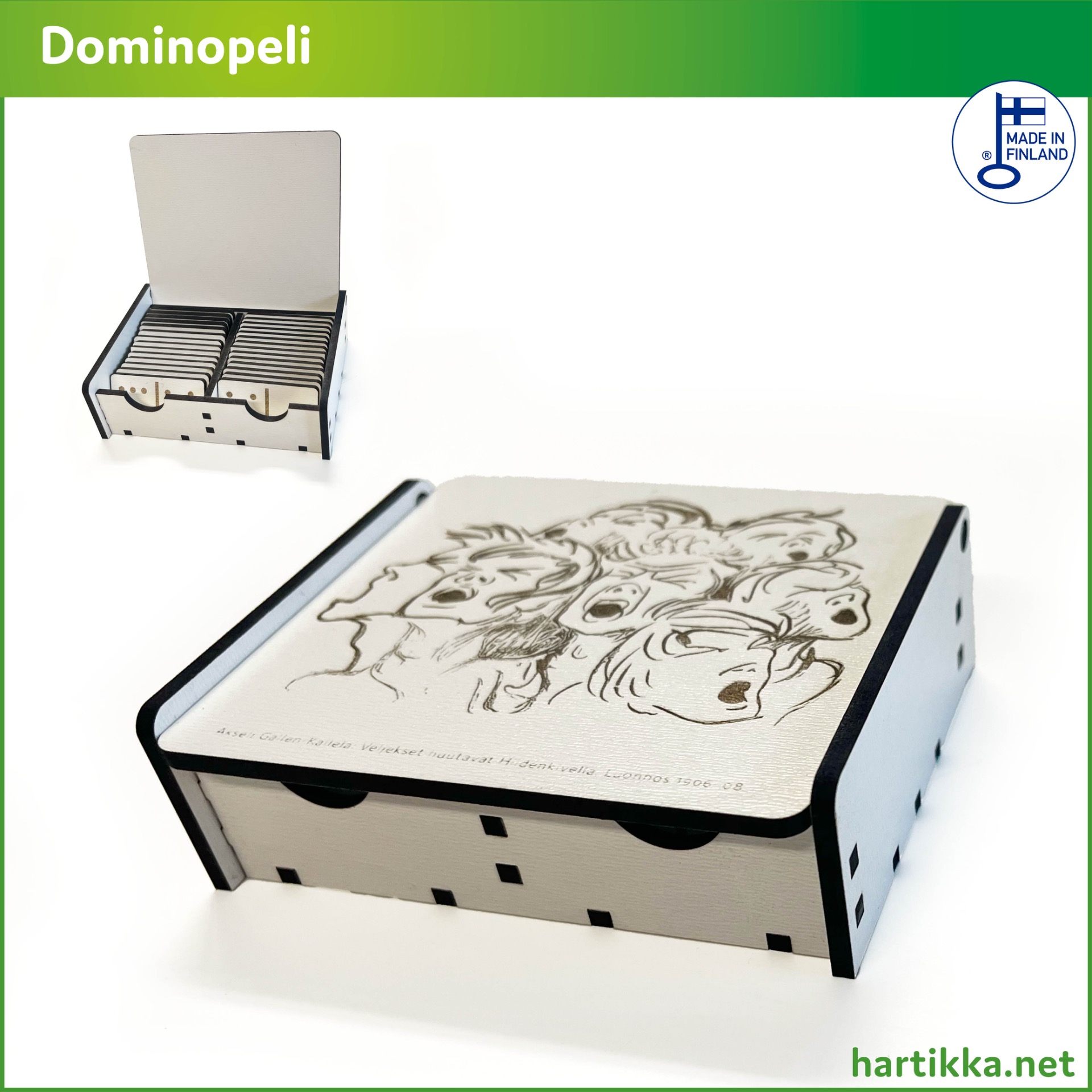Domino-peli, jonka kanteen on poltettu kuva. 